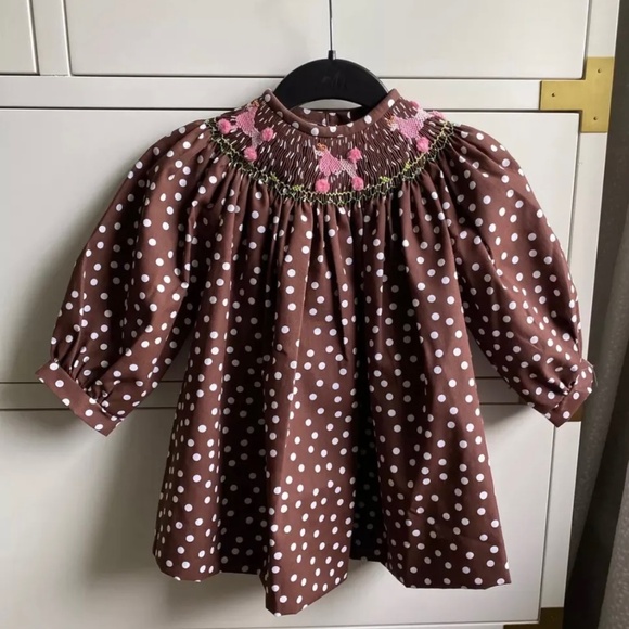 Brown Dot Embroidered Pink Poodle Dress Baby 12 Months